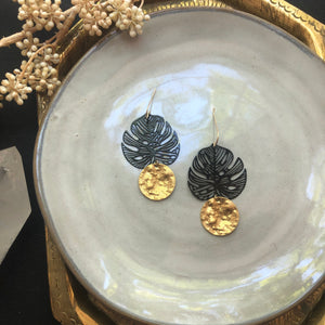 Black and Gold Monstera Earrings